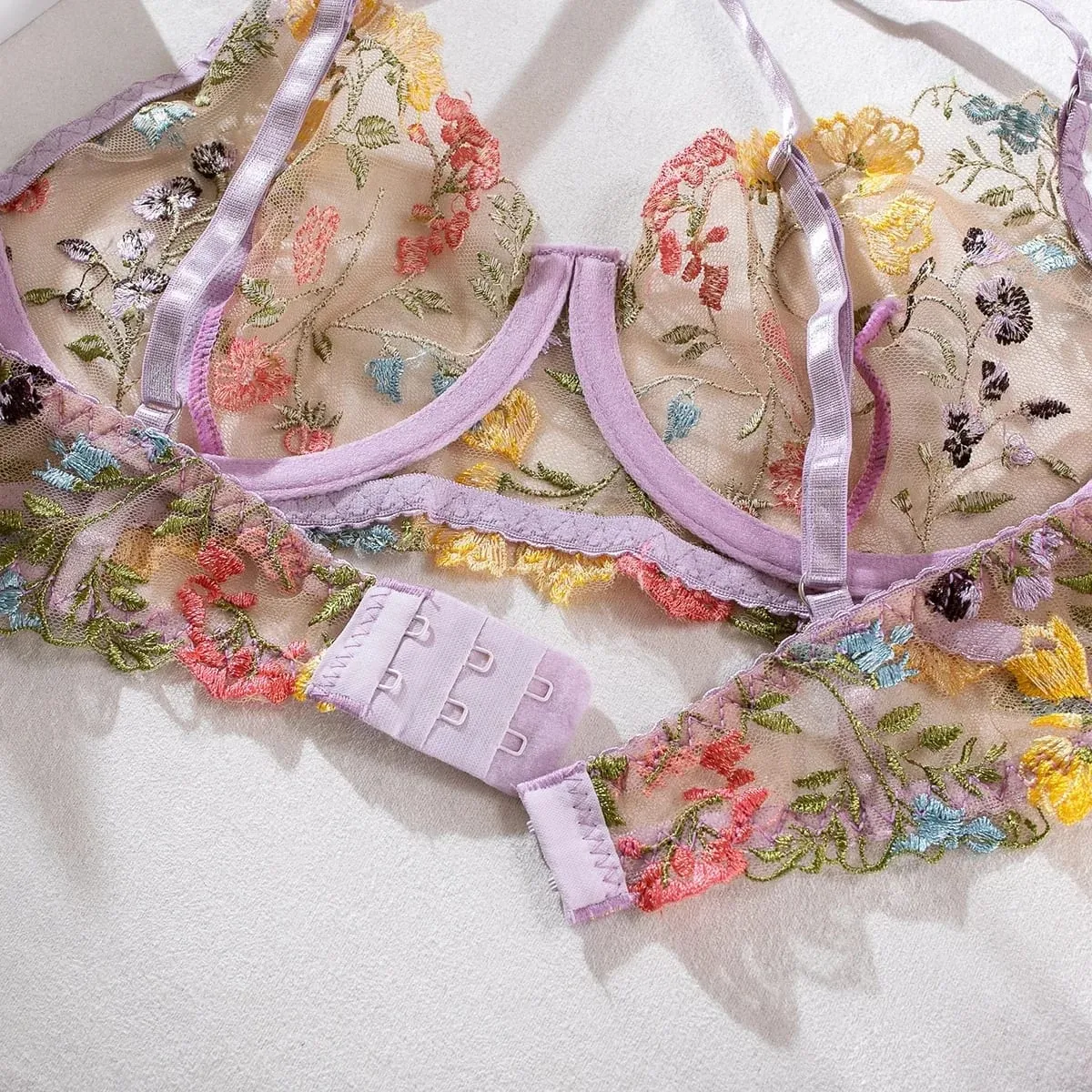 Yimunancy Floral Embroidery Lingerie Set Women Sheer 2-Piece Boho Bra + Panty Underwear Set Intimates — image 5