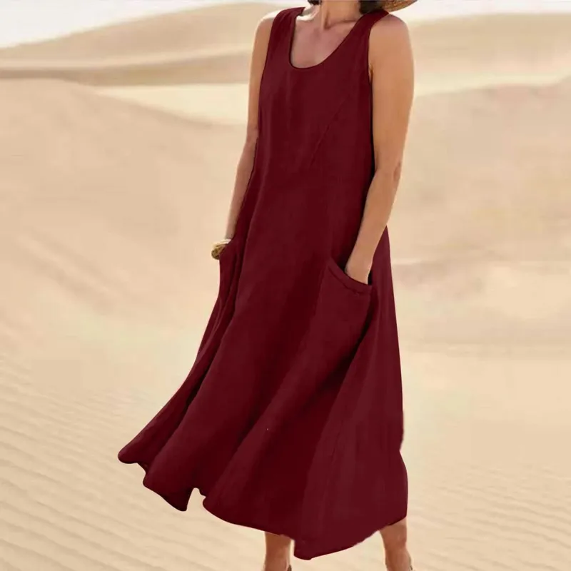 Women Coton Linen Sundress Summer Female Sleeveless Double Big Pocket Loose Sand Beachwear Long Dress Oversized S-5XL LRFZ-818 — image 10