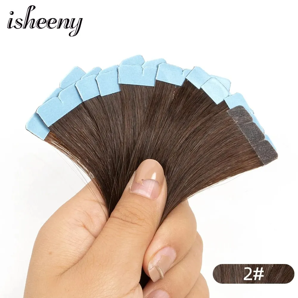 Isheeny 12"-24" Mini Tape Hair Extensions Machine Remy Skin Weft Adhesive Tape In Human Hair Natural Black Brown Blonde 10pcs