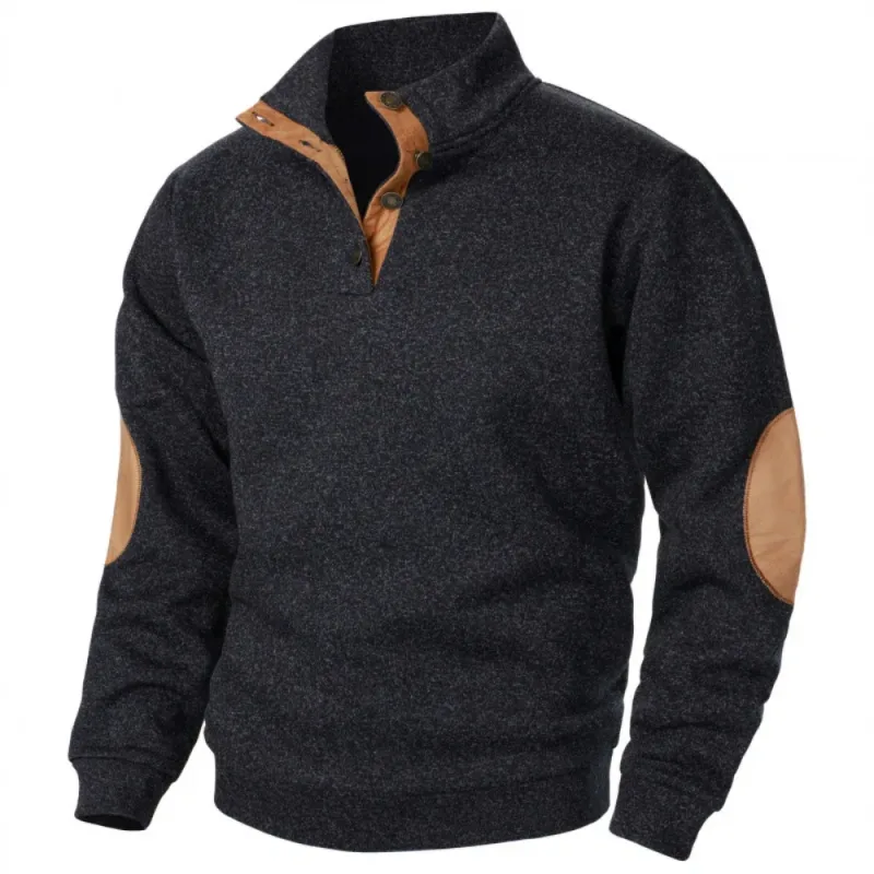 Men's Autumn Sweatshirt Patchwork Contrast Color Hoodies Stand Collar Men Botton Down Vintage Pullovers — image 4