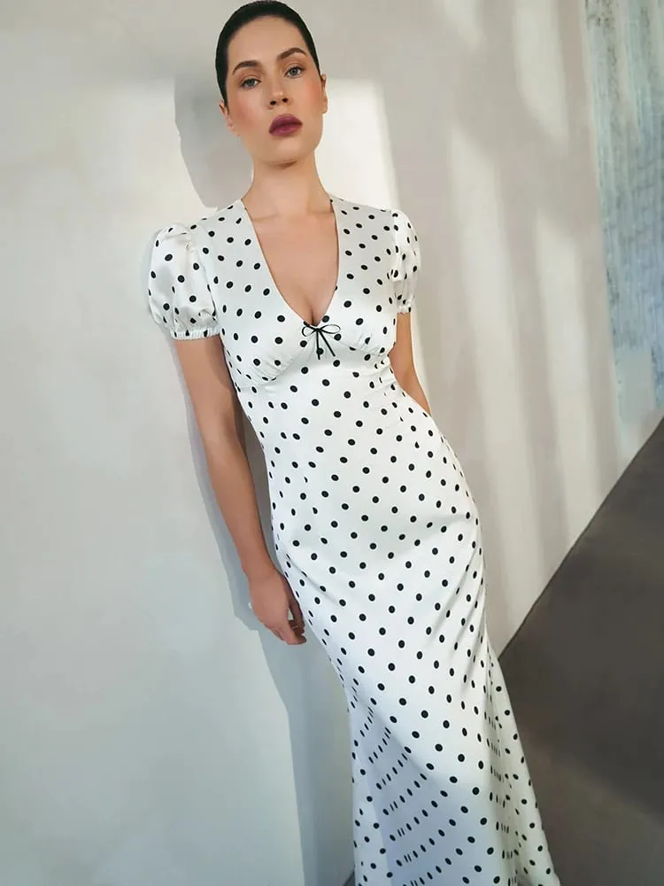 MO Sexy V-neck Print Polka Dot Women Maxi Dress White Short Sleeve Lace Up Dress Summer Slim Elegant Party Evening Dress