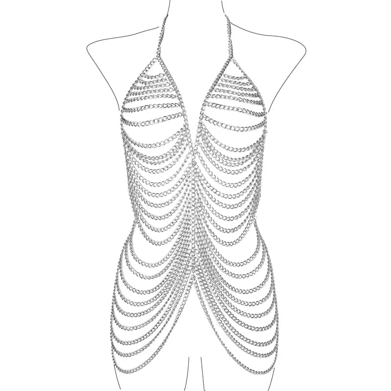 Women's Chainmail Halter Mini Dress Backless Metal Body Chain Beach Clubwear Sexy Festival Party Outfit Multi-Layered Vestidos