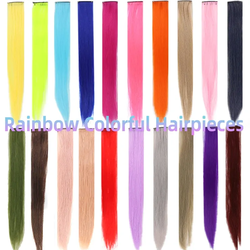 22 Inch Synthetic Colored Highlight Hair Extensions Rainbow Long Straight Hairpieces for Women Kids Girls Purple Pink Blue