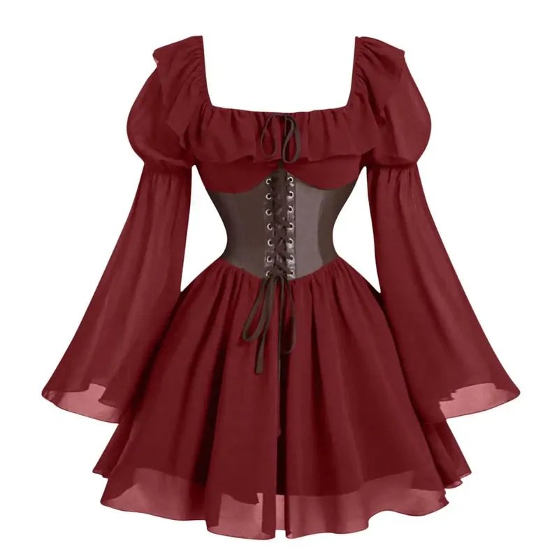 Zaman Renaissance Abad Pertengahan Baru Lengan Panjang Wanita Bubble Sleeve Dress Halloween Fesyen Retro Parti Baharu Skirt Pinggang