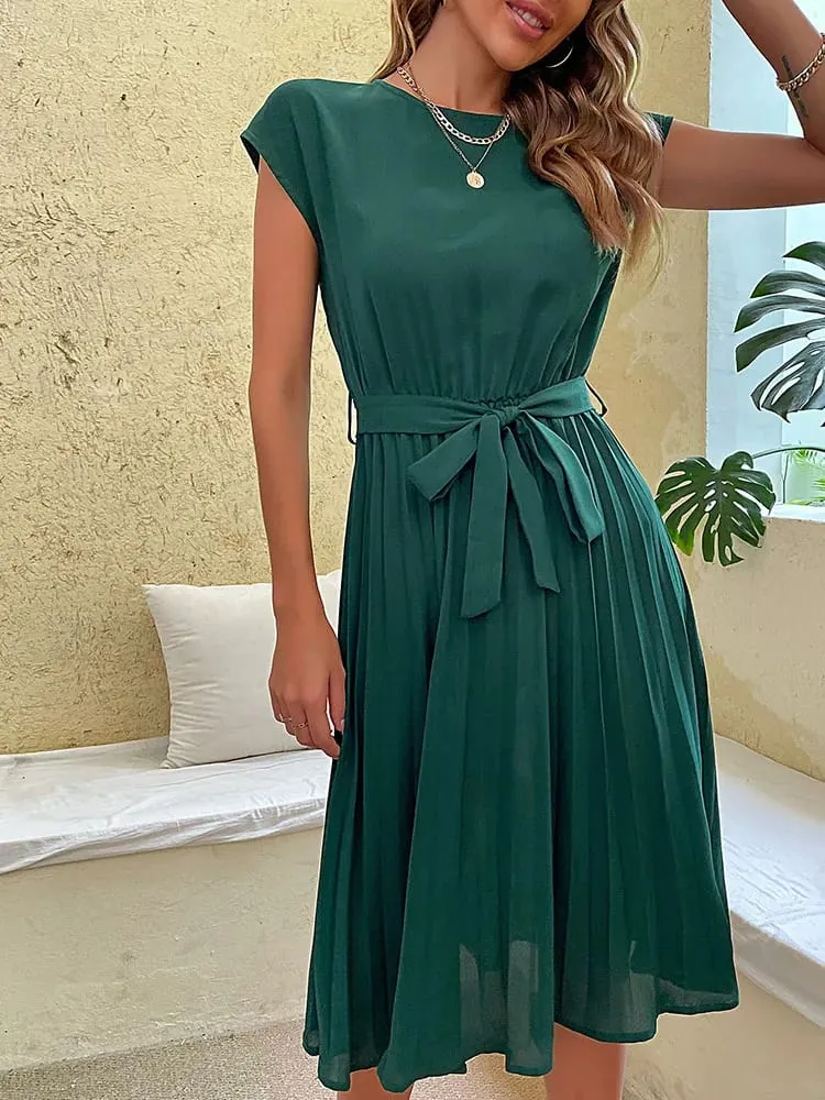 Elegant Women Summer Casual Beach Sundress Short Sleeve Pleated Midi Dress Soild Colour O Neck Tunic Dresses Fashion — image 2