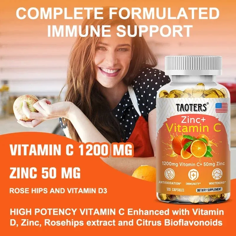 Taoters Vitamin C + Zinc Supplement - High Absorption - Immune System Skin Health Vitamins - Antioxidant Supplement