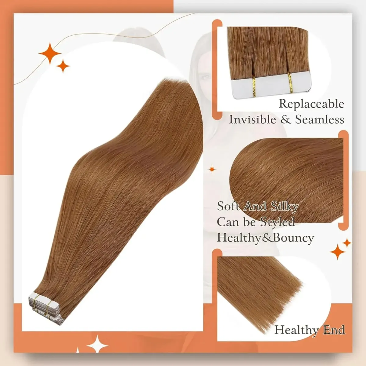 Full Shine Tape in Human Hair Extensions Invisible Straight Double Sided #330Copper Comfortable Silky Natural Tape ins For Women — image 2