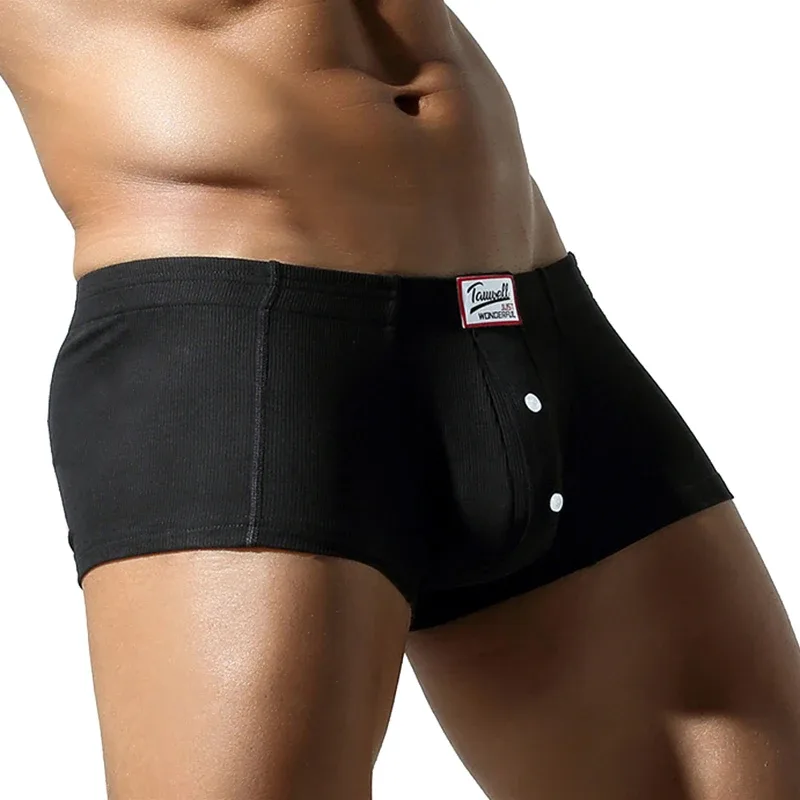 Men's Flat Underwear, Made of Synthetic Cotton, High Elasticity, Raised, Button Decoration, Comfortable Slim Fit Solid Color