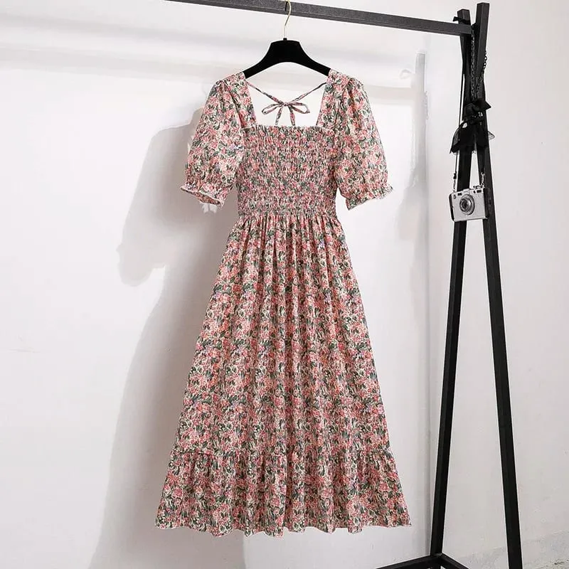 Spring Summer Chiffon Dresses Fashion Female Elastic Waist Short Sleeve Pleated Casual Dress Women A-line Dresses Vestidos — image 8