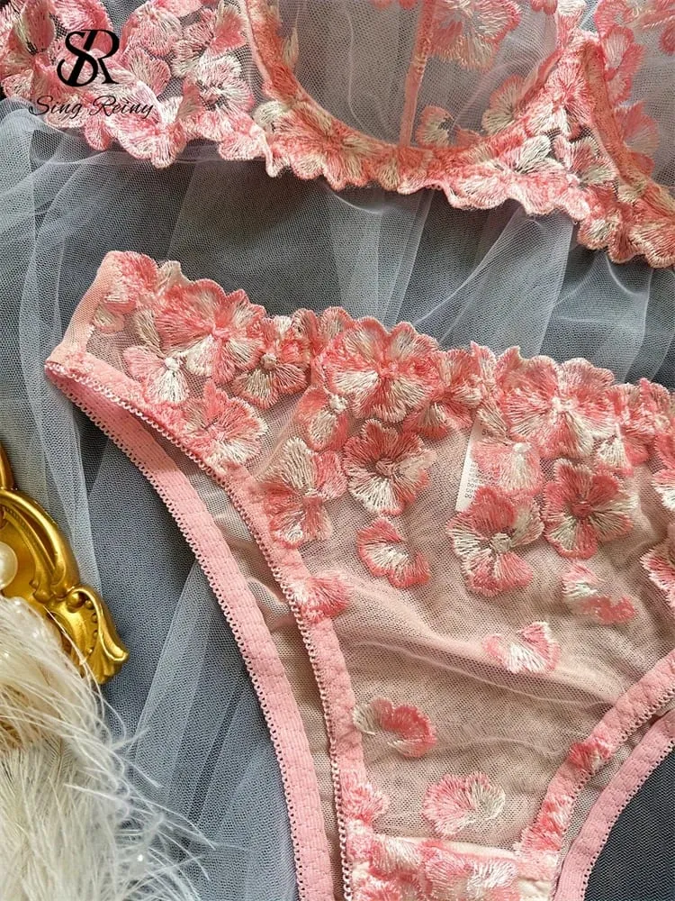 Lưới Sheer Quần Lót Hai Mảnh Phù Hợp Với Hoa Pháp Seusual Bộ Đồ Lót Nữ Thêu Áo Ngực Gợi Cảm & Quần Đùi Bộ — image 6