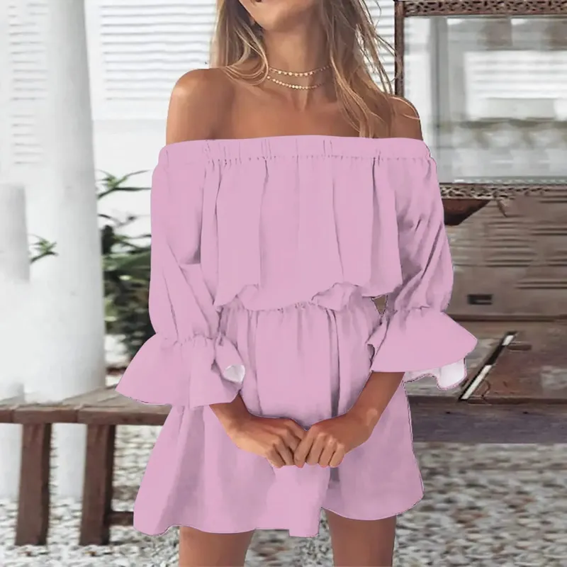 Sexy Off Shoulder Tunic Dress Women Solid Color Flare Sleeve Elastic Waisted Short Dresses Streetwear Midi Dress Ropa De Mujer