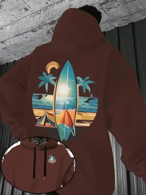 New Autumn/winter Men's Hooded Sweatshirt with Surfboard and Beach Print Loose Fit Stylish Street Style Comfortable Fit Hoodies — image 8
