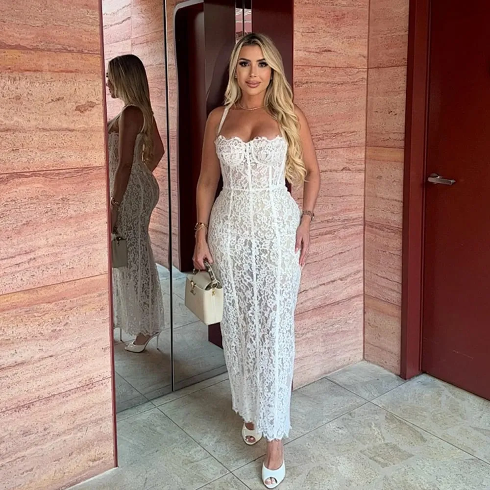 Fashionable Elegant Lace Corset Maxi Dress Vintage Spaghetti Strap Bustier Bodycon Evening Gown for Dinner Party Wedding Guests