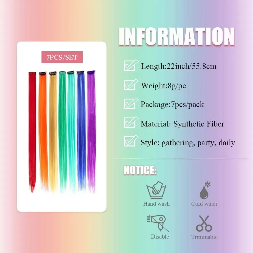 7 Pack Rainbow Color Block synthetic Hair Extensions Colorful Women's Wigs Highlight Color Straight Clip-in Hair Extensions — image 2