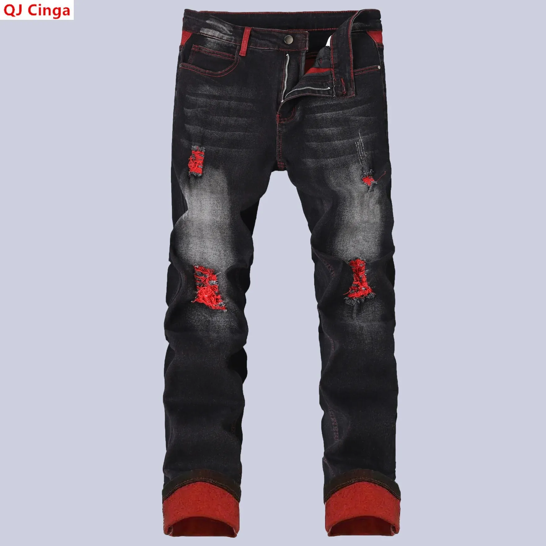 Jeans Stretch Hitam Pria untuk Celana Denim Musim Semi dan Musim Gugur dengan Detail Ripped Merah Ukuran Asia 28–42.