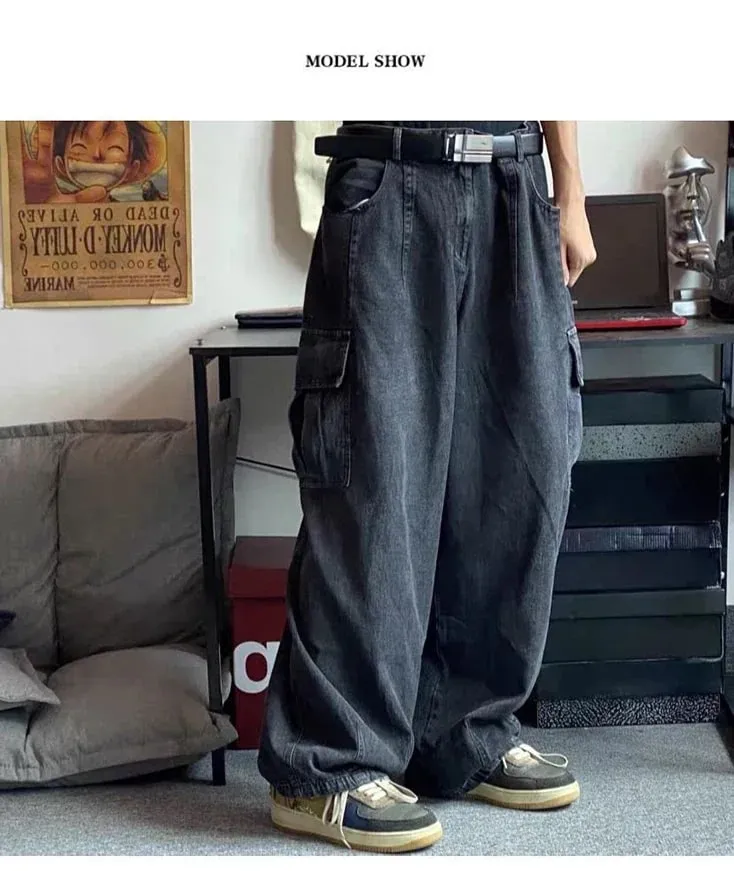 Baggy Jeans Men's Oversize Cargo Korean Black Wide Pants Streetwear Hip Hop Harajuku Male Fashion Straight Denim Pants — image 8