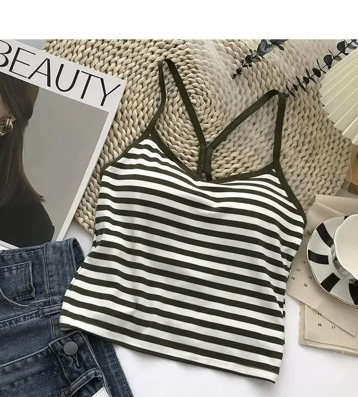 Korea Style Colorblock Striped Camisole Female Summer Cross Strap Built In Bra Omighty Camis Women Skinny Tank Top Dropshipping — image 12