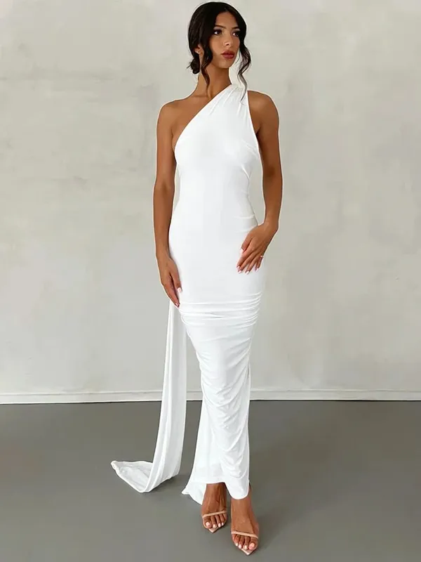 Hugcitar One Shoulder Rygløs justerbar tørklædeløkke Ruched Sexet Maxikjole 2025 Kvinder Elegant Y2K Streetwear Festival Outfit — image 8