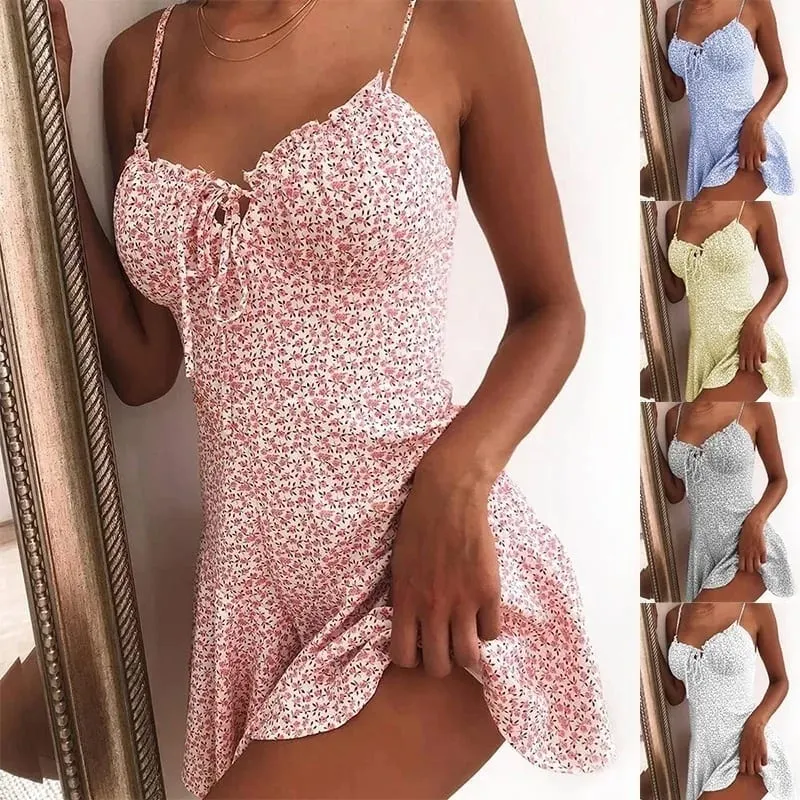 2023 Kvinder Sommer Spaghetti Strap Blomstertryk Tie Front Mini Kjole Y2K Sexet Kjole Patry Beach Style Ny All-Match Blomsternederdel — image 2