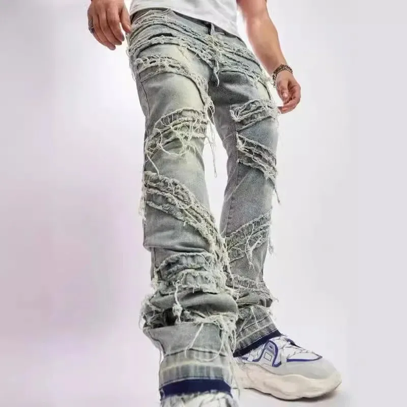 Ripped Men's Jeans Stretchy Denim Streetwear Tearing Patchwork Holes Ripped Denim Loose Casual Pants Slim Fit Straight Trousers — image 2