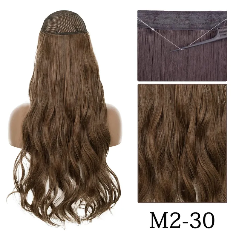 Synthetic No Clip Adjustable Fish Line Hair Extensions Natural Blonde Brown Long Wavy Heat Resiatant Hairpiece For Women