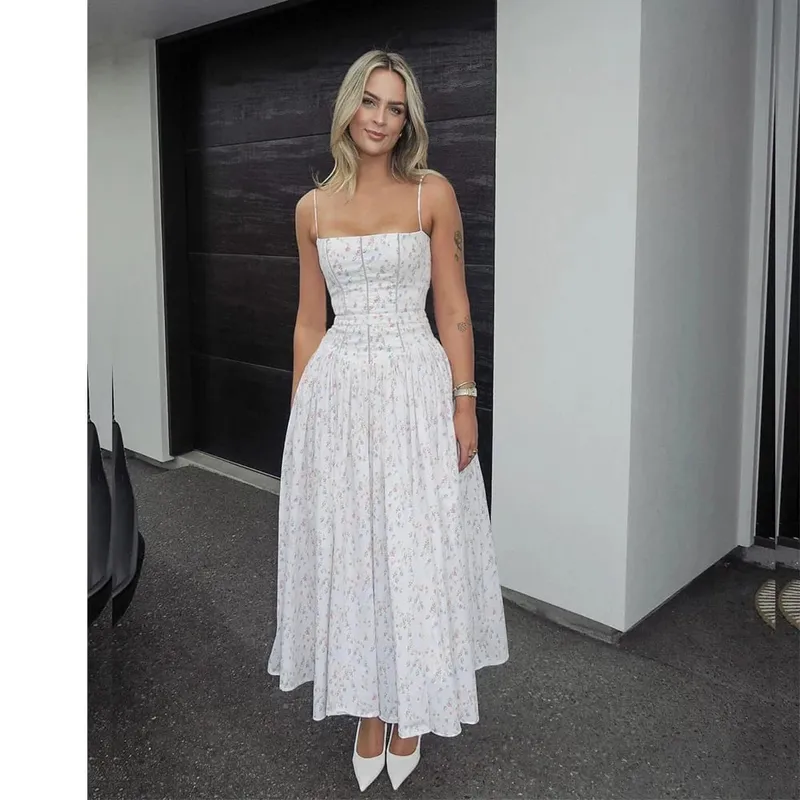 Oligai Floral Print Midi Sundress Elegant Spaghetti Strap Flowy Dress Aussie Summer Women Boho Chic Beach Dress — image 10