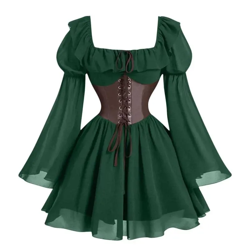 Zaman Renaissance Abad Pertengahan Baru Lengan Panjang Wanita Bubble Sleeve Dress Halloween Fesyen Retro Parti Baharu Skirt Pinggang