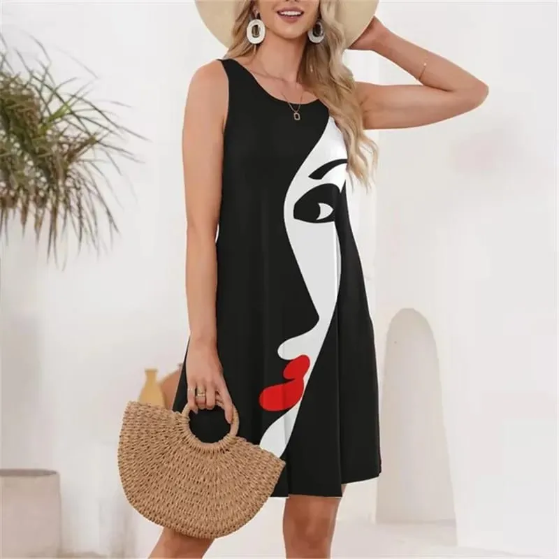 Face Pattern Women Fashion Mini Dresses Summer Sleeveless 3D Printing Street Ladies Dress 3XL Plus Size Casual Dress — image 1