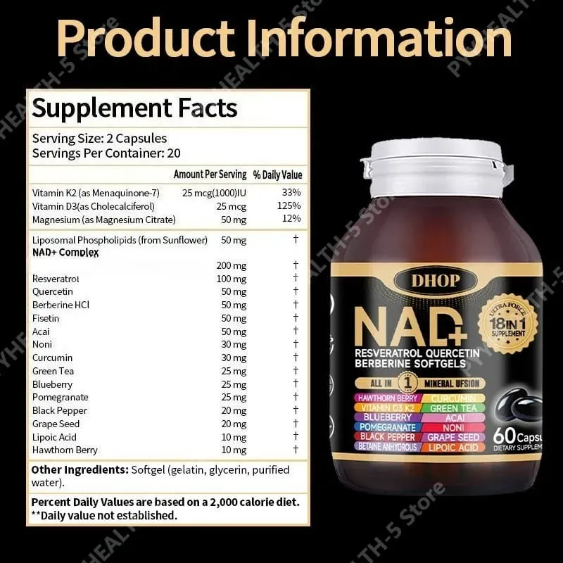 NAD+ Softgels com Resveratrol Quercetin Berberine Softgels Suplemento 18 em 1 para suporte geral à saúde 60 cápsulas