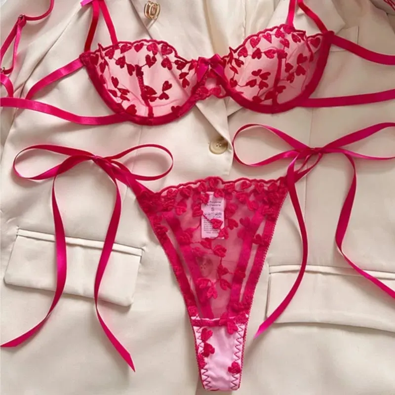 Exotic Fantasy Lingerie Underwire Bra Strap Panties 2Piece Sheer Mesh Embroidery Underwear for Women