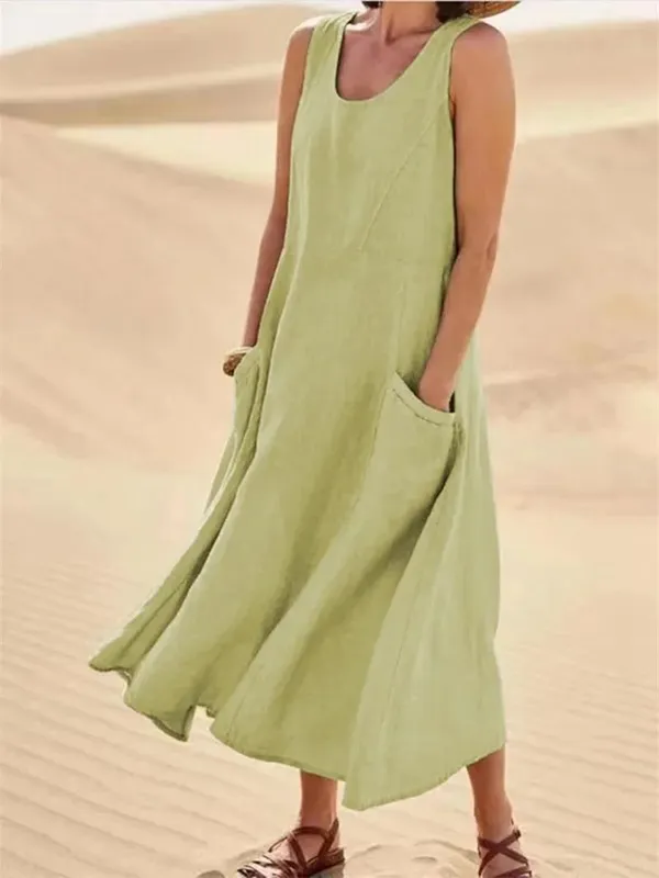 Sleeveless Suspenders Cotton Linen Dress Women Side Double Pocket Splicing Solid Color Dresses Women Summer Casual Commuter Gown — image 5