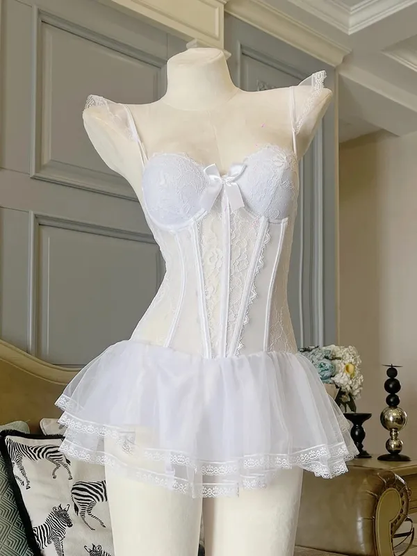 Sweet Ladies Bra & Brief Sets Fishbone Corset Lace Lingerie Strap Gathered Push Up Thin Pajamas with Chest Pads Adult Underwear — image 8