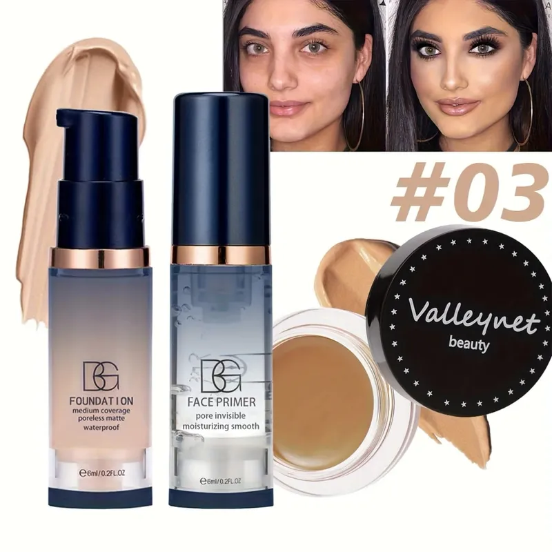 3pcs/Set Velvet Face Set Foundation+Primer+Concealer Waterproof and Long lasting Matte Effect Suitable for Beginners Travel Set.