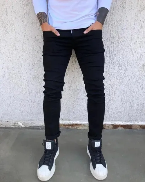 Spring Autumn New Black Stretch Men's Jeans Slim Small Feet Casual Simple Solid Color Male Skinny Denim Trousers Streetwear — image 8