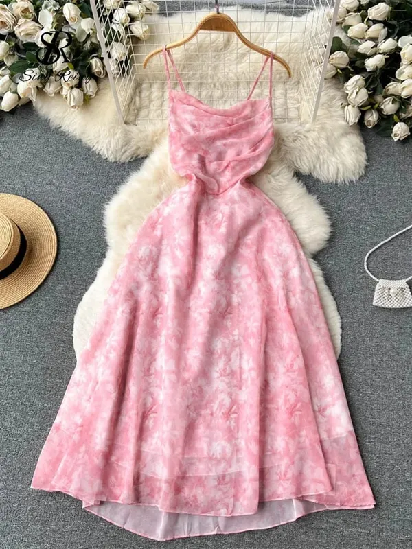 Frauen Floral Spaghetti Strap Kleid Elastische Geraffte Sexy Hohl Backless Party Kleid Sommer Boho Urlaub Strand Sommerkleid — image 7