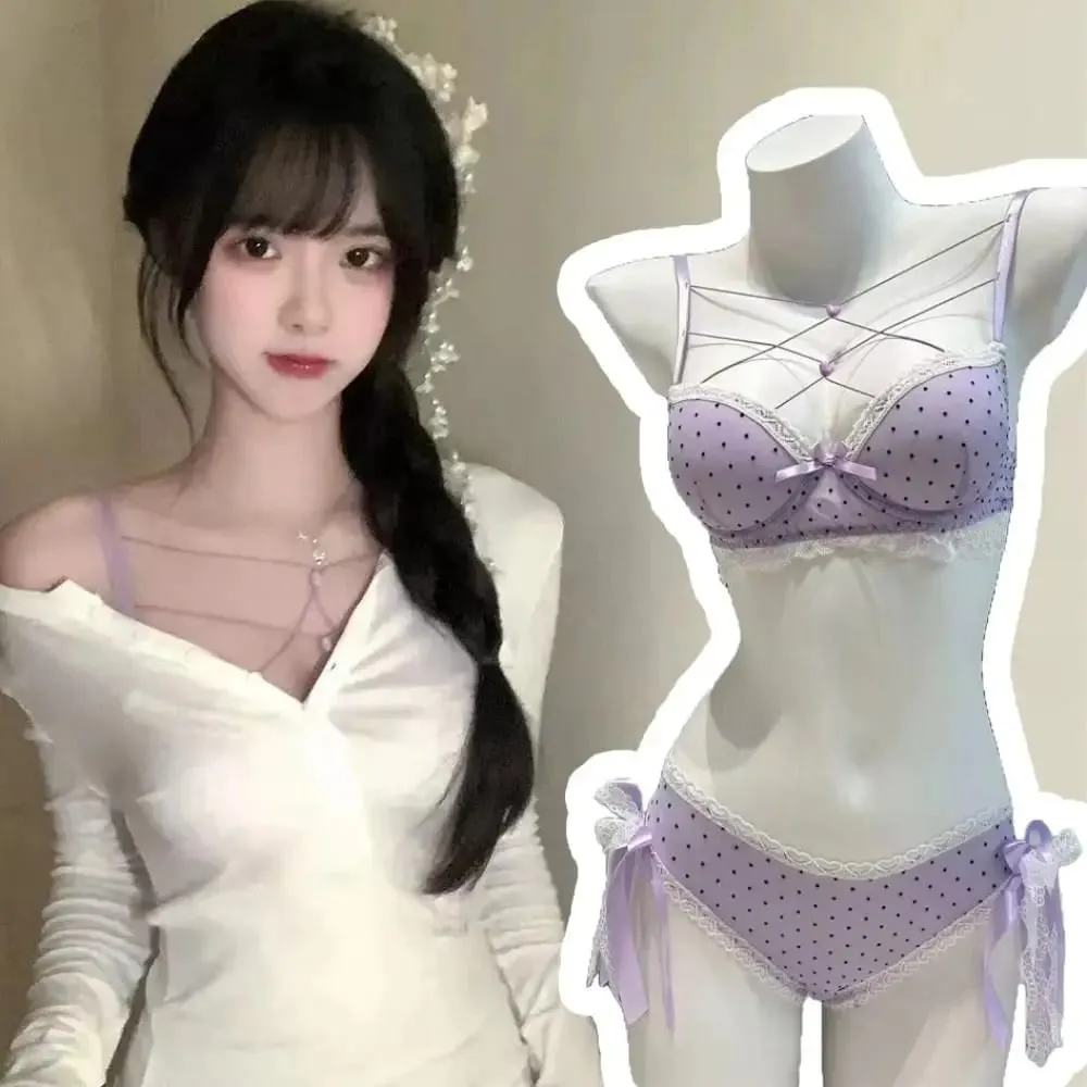 Comfortable Dots Lace Bra Set Love Heart Bowknots Bra Panties Set Lace-up Intimates Push Up Bra Women Romantic Evenings — image 2
