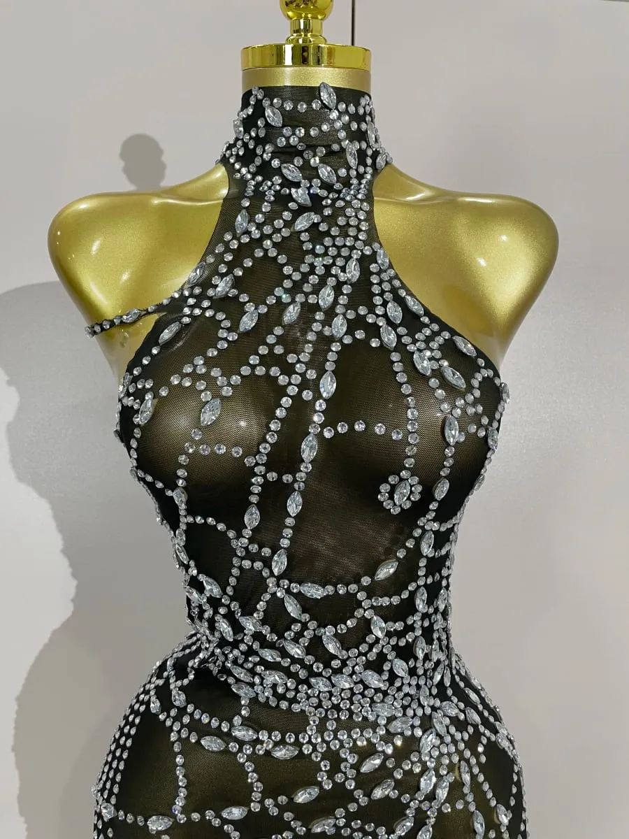 Sparkly Diamond Sexy Mesh Asymmetric Bodycon Mini Dress Women Nightclub Bar Party Show Gogo Dancer Clothing Stage Costume — image 5