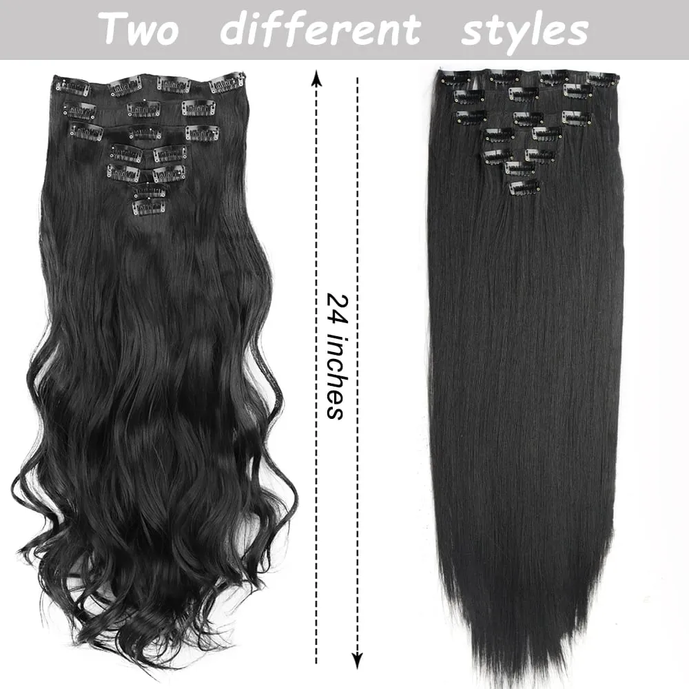 7Pcs/Set 16 Clips Hair Extension Black Long Straight Natural Hair Ombre Hairpiece Heat Resistant Fiber For Women Hairstyle — image 3