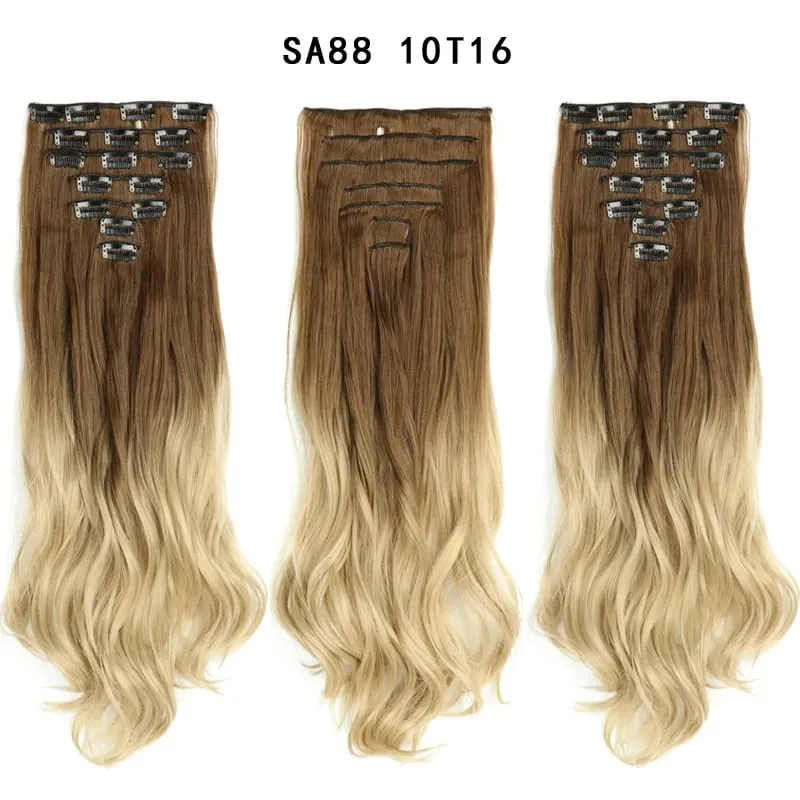 Clip in Long Wavy Synthetic Hair Extension 22 Inch Black 7PCS Thick Hairpieces Fiber Double Weft Hair for Women