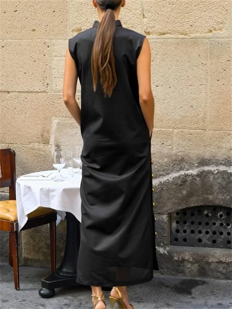 Yeezzi Women Fashion Split-Side Buttoned Stand Collar Evening Dresses 2026 New Sleeveless Solid Color H-Line Casual Shirts Dress — image 2