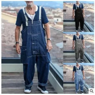 Streetwear Men Solid Color Multi Pockets Denim Overalls Loose Casual Washed Jumpsuit 2024 Male Suspenders Jeans Cargo Trousers — image 5