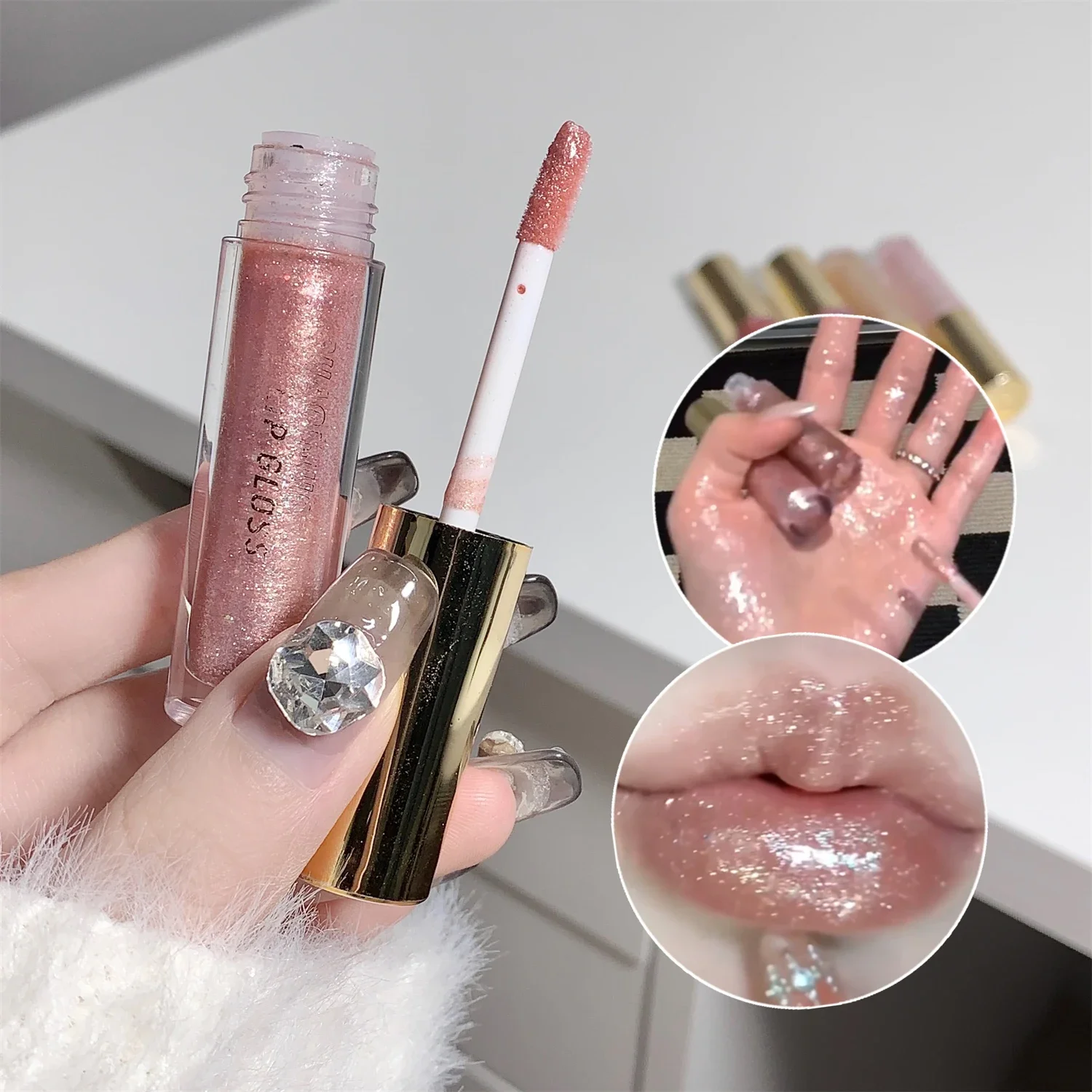 Pearl Diamond Glitter Lip Glaze Long-lasting Moisturizing Plumping Gloss Lip Tint Oil Makeup Mirror Water Light Liquid Lipsticks