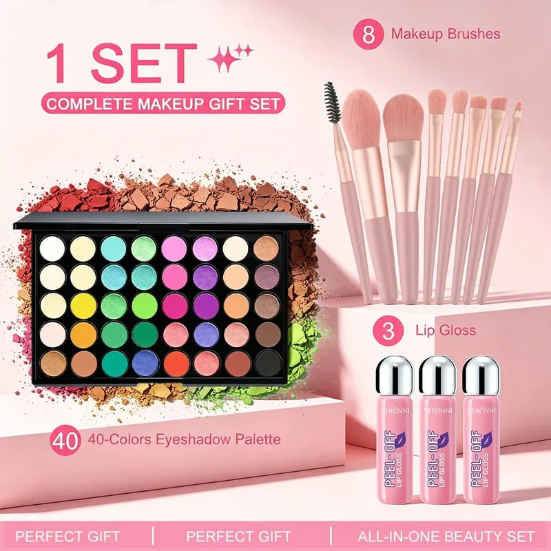 5pcs Makeup Kit 40 Colors Eyeshadow Palette + 3pcs Peel‑Off Lip Gloss with 8pcs Brushes Matte Shimmer Eyeshadow Full Makeup Gift