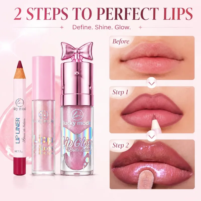 Lucky Model Lip Makeup Kit Lip Liner Pencil&Shimmer Lip Gloss Set Moisturizing Glitter Lip Gloss Long Wear Lip Line Pen — image 6