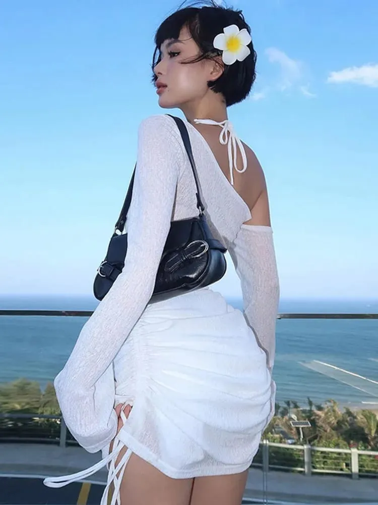 Women's Solid Skew Collar Ruched Straps Lace-Up See through Draw String Mini Dress Summer 2025 Party Clubwear — image 5