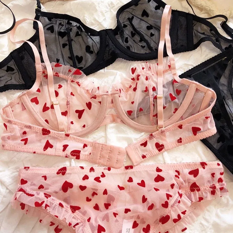 2 Pieces Lingerie Set Sexy Ultra Thin Breathable Brassiere for Women Push Up Bra Set Summer Mesh Romantic Peach Heart Intimates — image 2