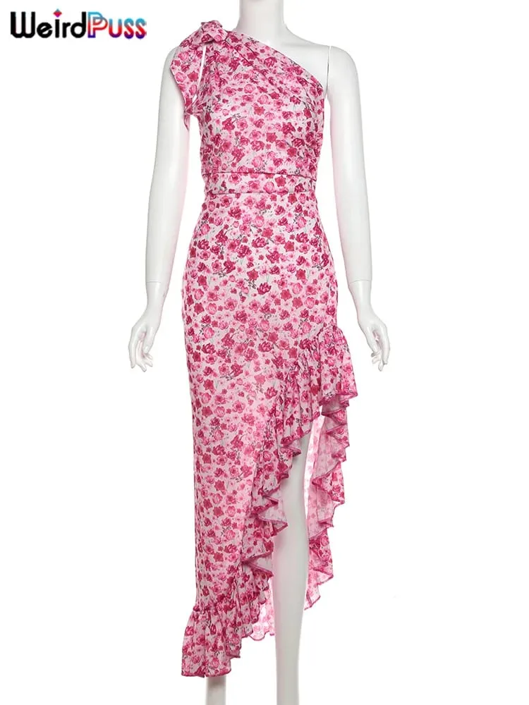 Weird Puss Thin Diagonal Collar Dress Women Flowers Print Irregular Bandage Shoulder Straps Ruffles Hem Summer Vacation Vestidos — image 6