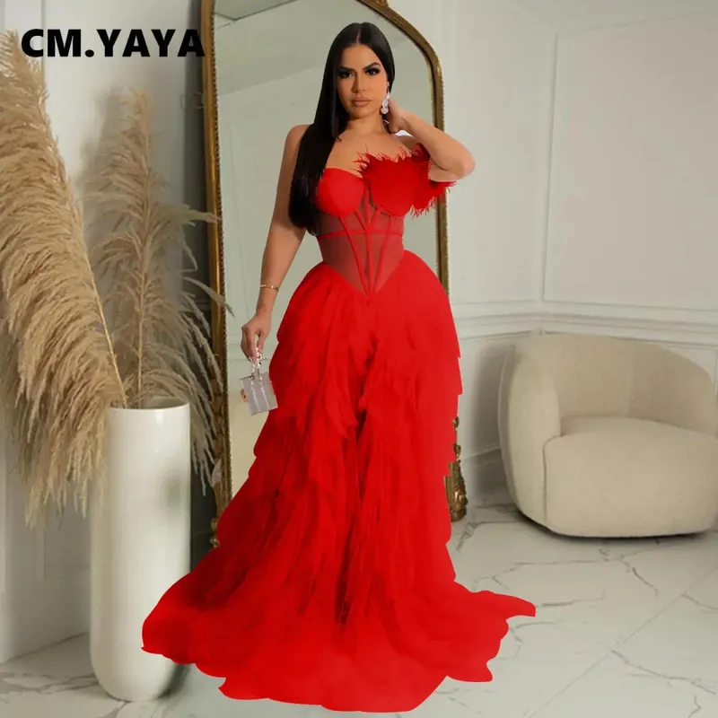 CM.YAYA Women Tierred Mesh See Though Off Shoulder Sweetheart Collar Maxi Long Floor Length Dress Evening Sexy Party Dresses — image 6