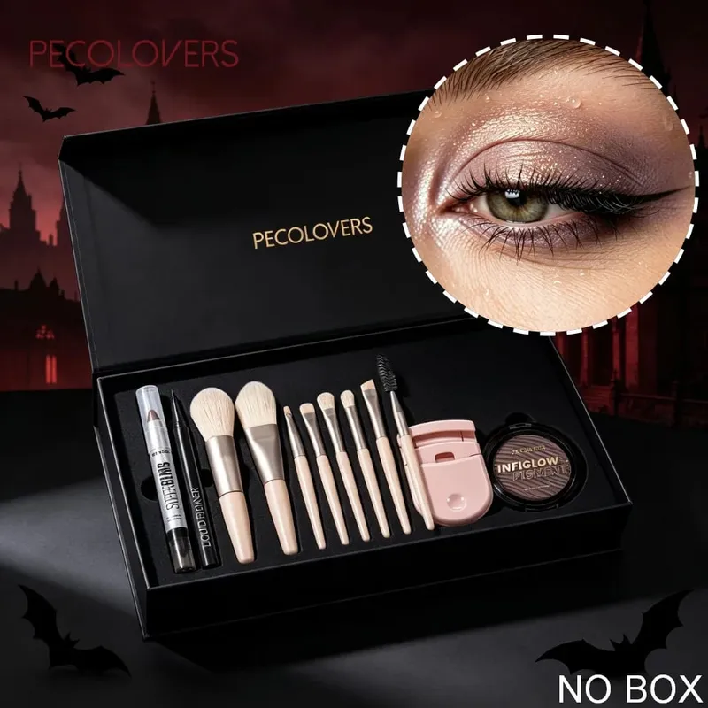 12PCS/SET Shimmer Eye Shadow Pen & Palette Liquid Eyeliner Lash Curler Eye Makeup Brushes Durable/Waterproof/Long Lasting
