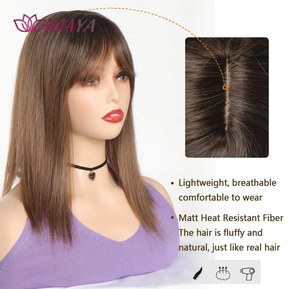 Synthetic Long Straight Topper Wig Clip in Hair Extensions Natural Fluffy Head Top Fake Hair Piece with Bang Clip Black Brown — image 5